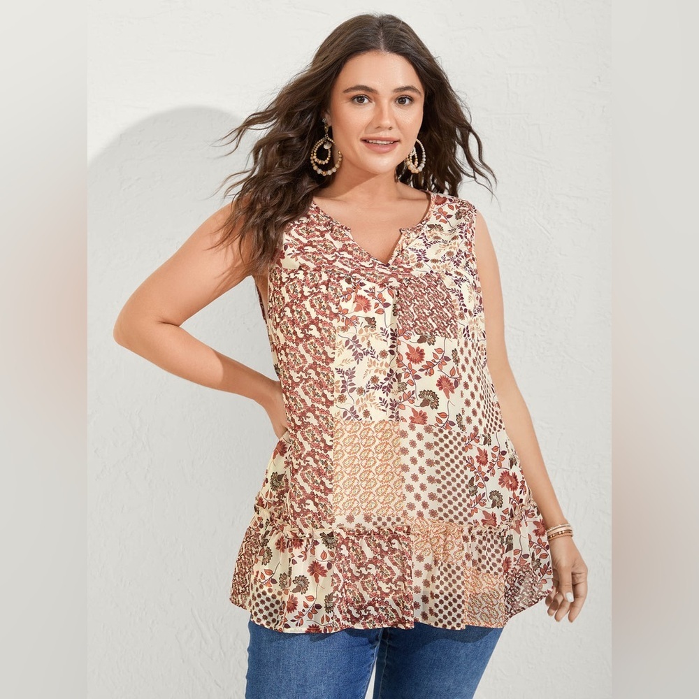 BloomChic Chiffon Boho Collage Flowy Tank Top Plus